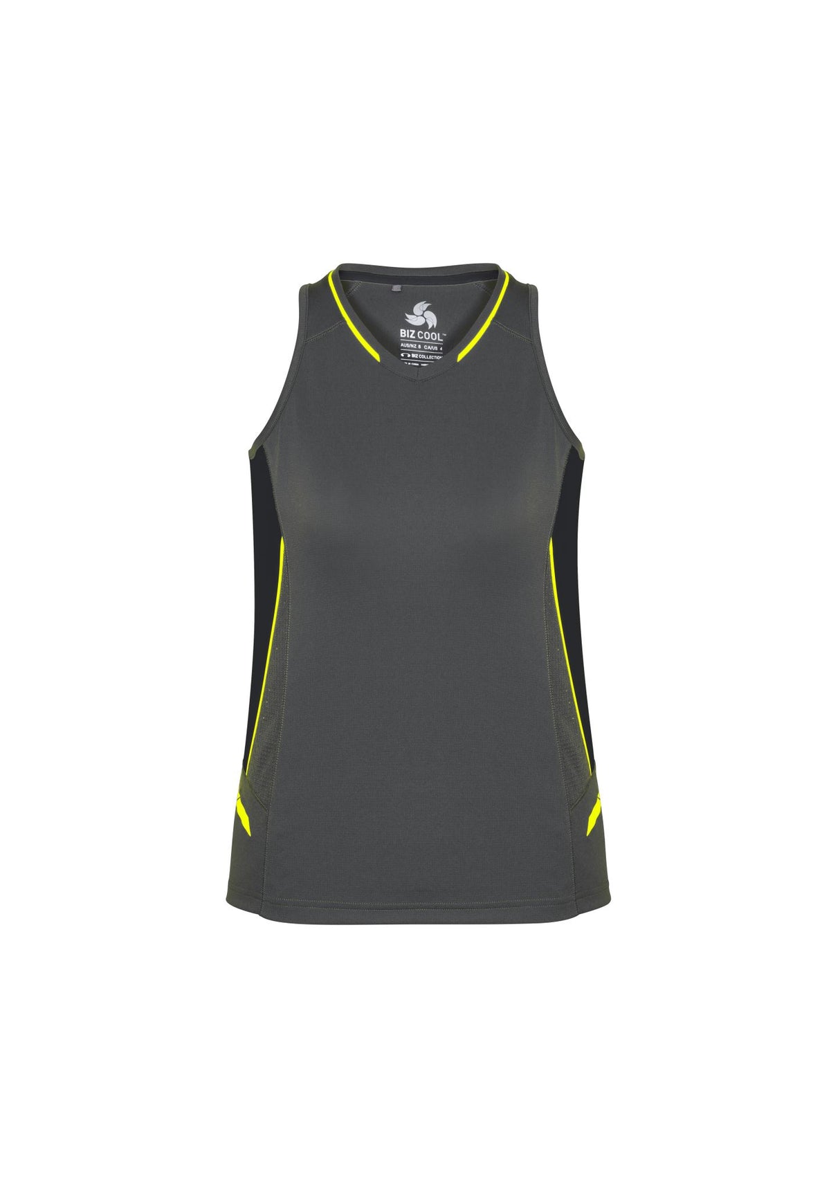 Ladies Renegade Singlet in grey, black, and fluoro yellow, featuring mesh panels, reflective trims, and a comfortable racer back design.