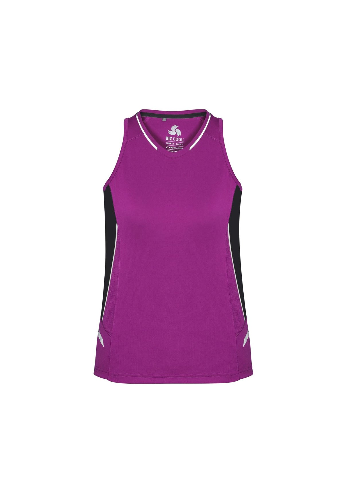 Vibrant magenta, black, and silver singlet with reflective trims, mesh panels, and racerback design for active women, size 20.