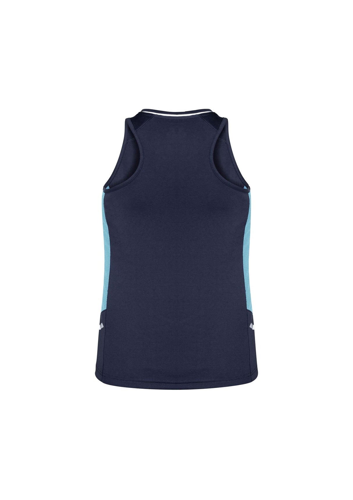 Ladies Renegade Singlet in Navy/Sky/Silver, featuring breathable fabric, racer back design, and reflective trims for style and performance.