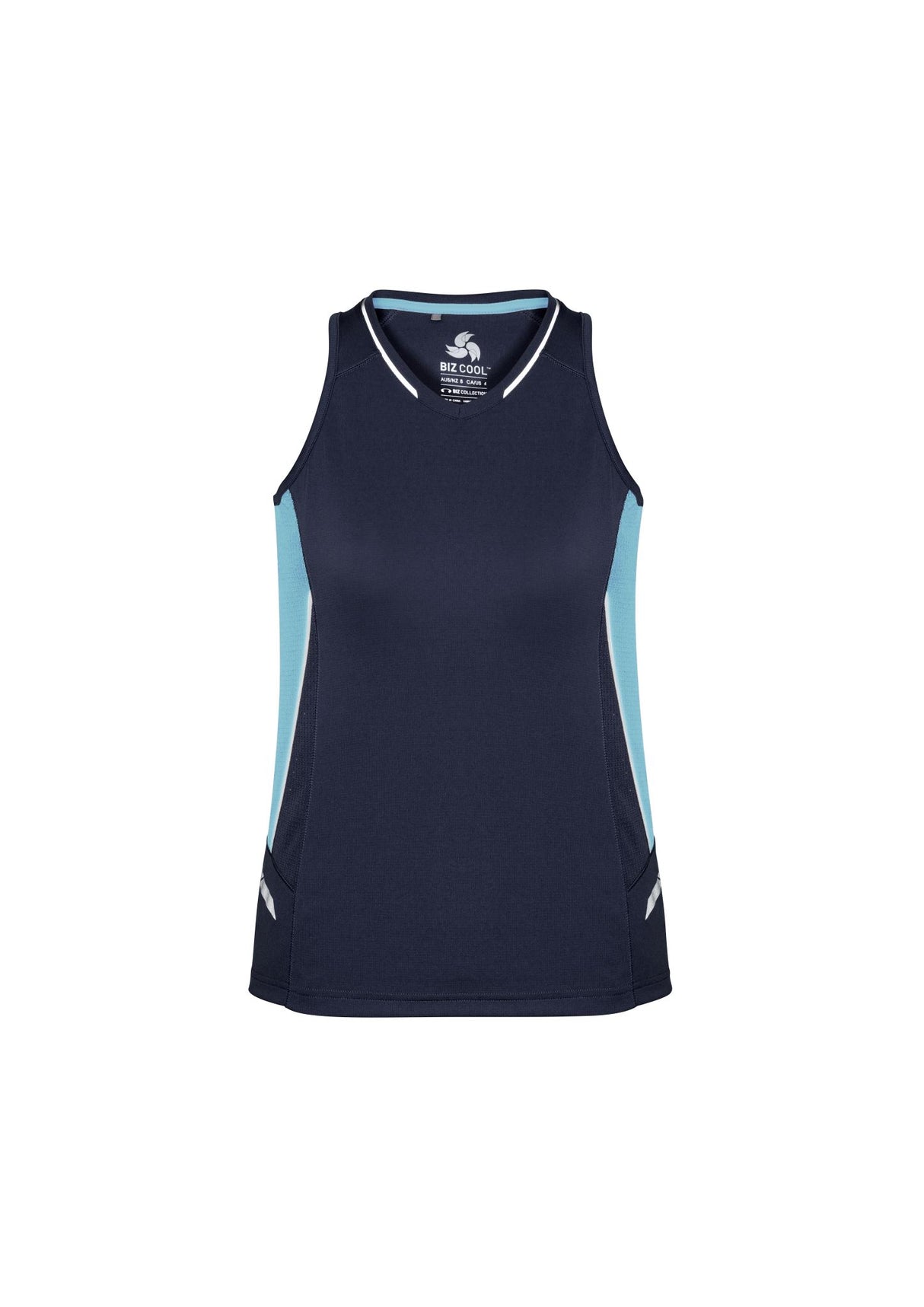 Ladies Renegade Singlet in Navy/Sky/Silver, size 10, featuring breathable mesh, reflective trims, and a comfortable racer back design.