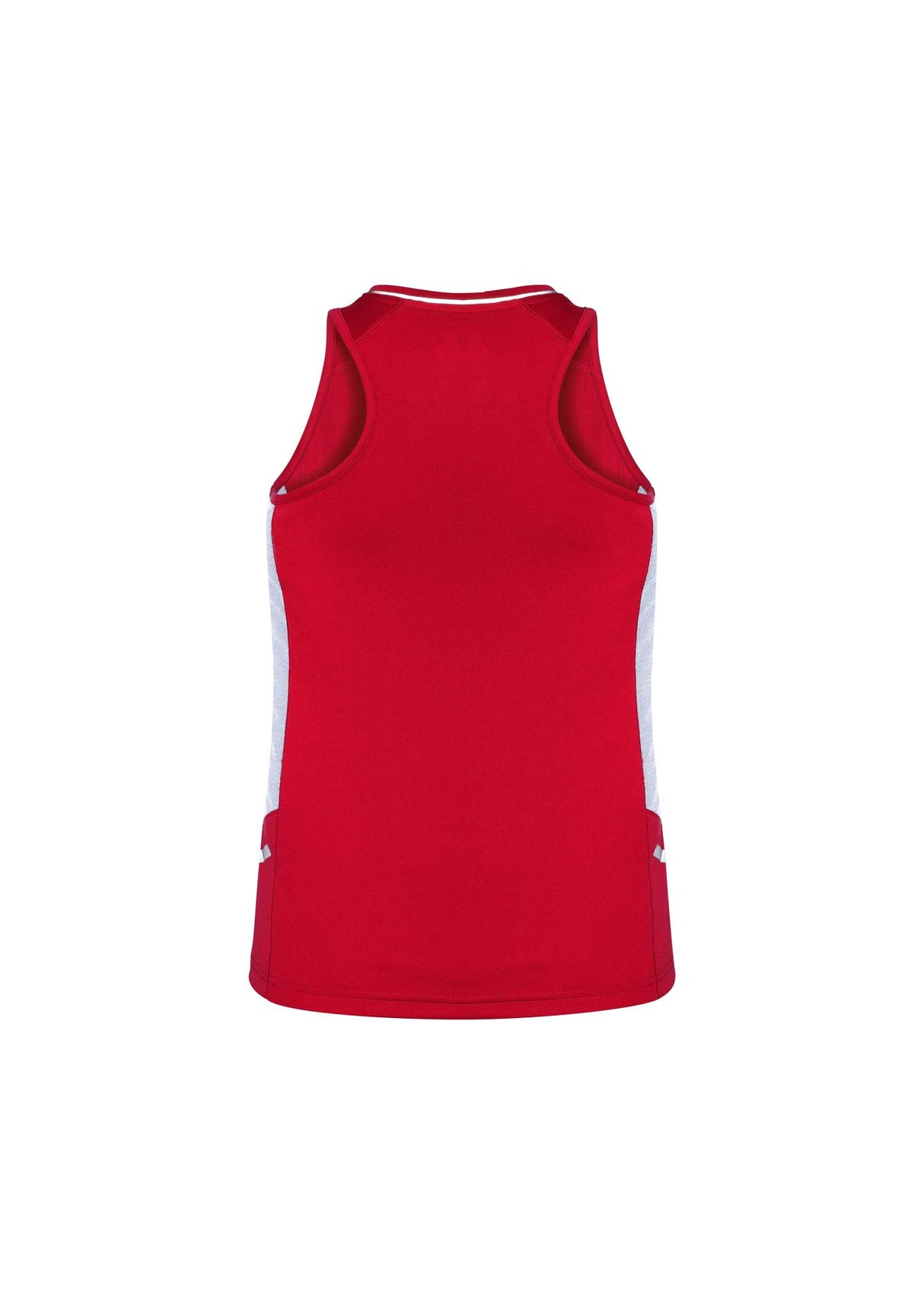 Ladies Renegade Singlet in red, white, and silver, featuring breathable mesh panels and reflective trims for visibility. Size 16.