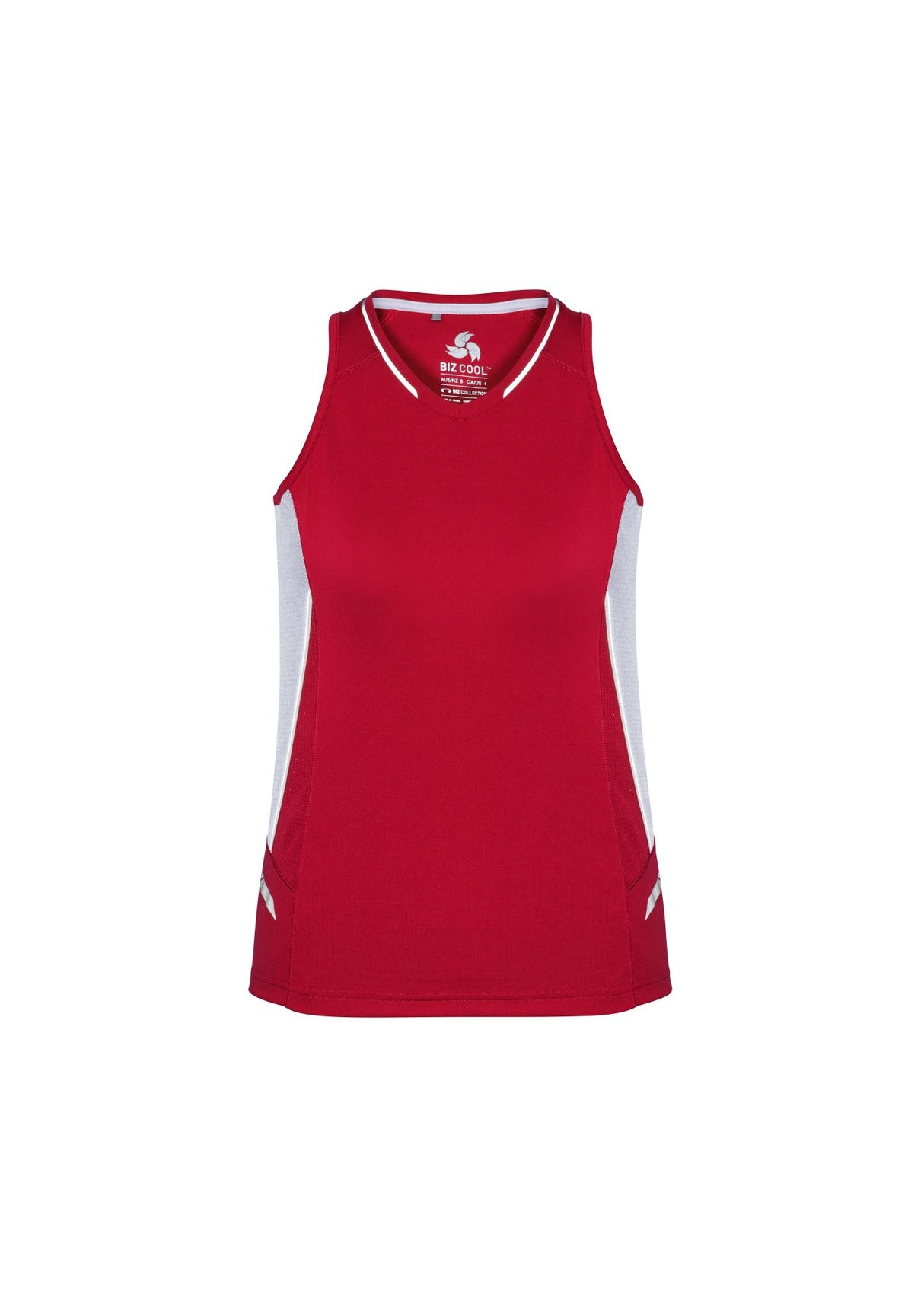 Ladies Renegade Singlet in red, white, and silver, size 20, featuring breathable fabric and reflective trims for visibility.