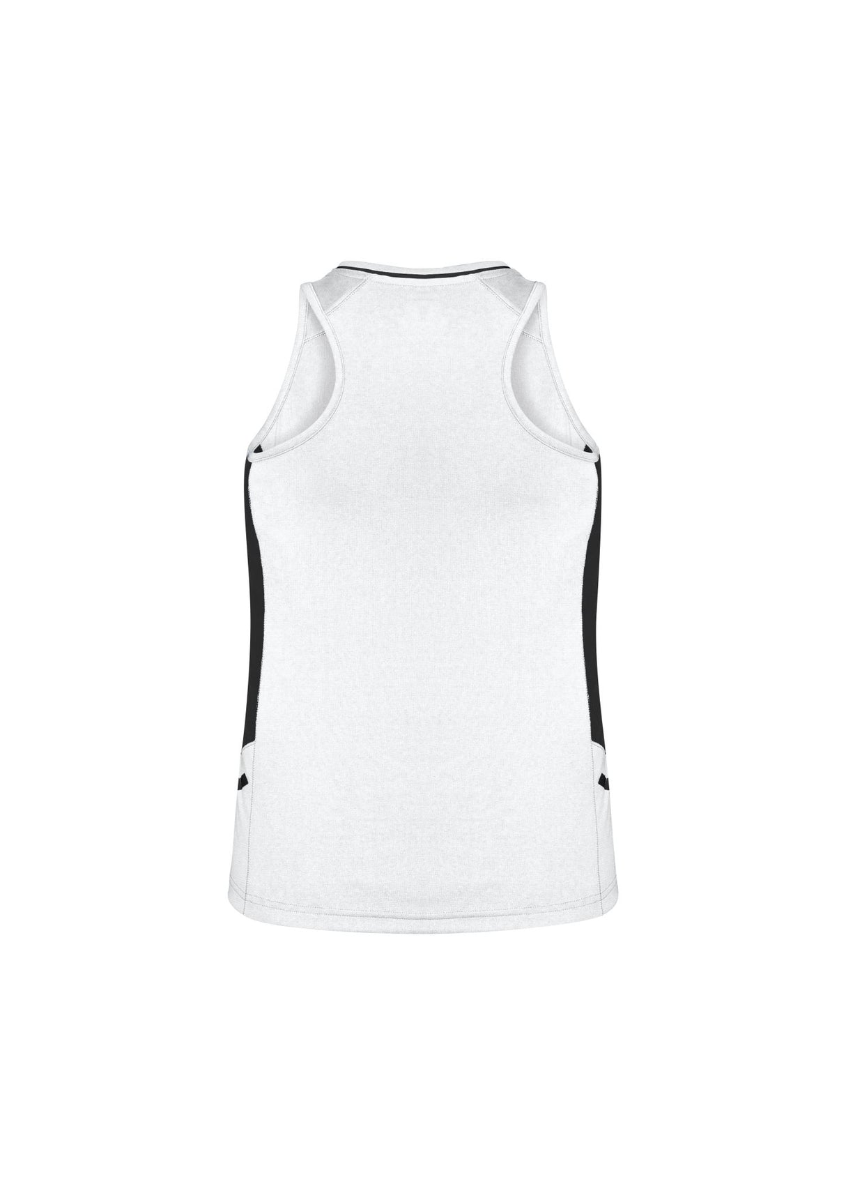 Ladies Renegade Singlet in White, Black, and Silver, featuring breathable fabric, reflective trims, and a racer back design. Size 10.