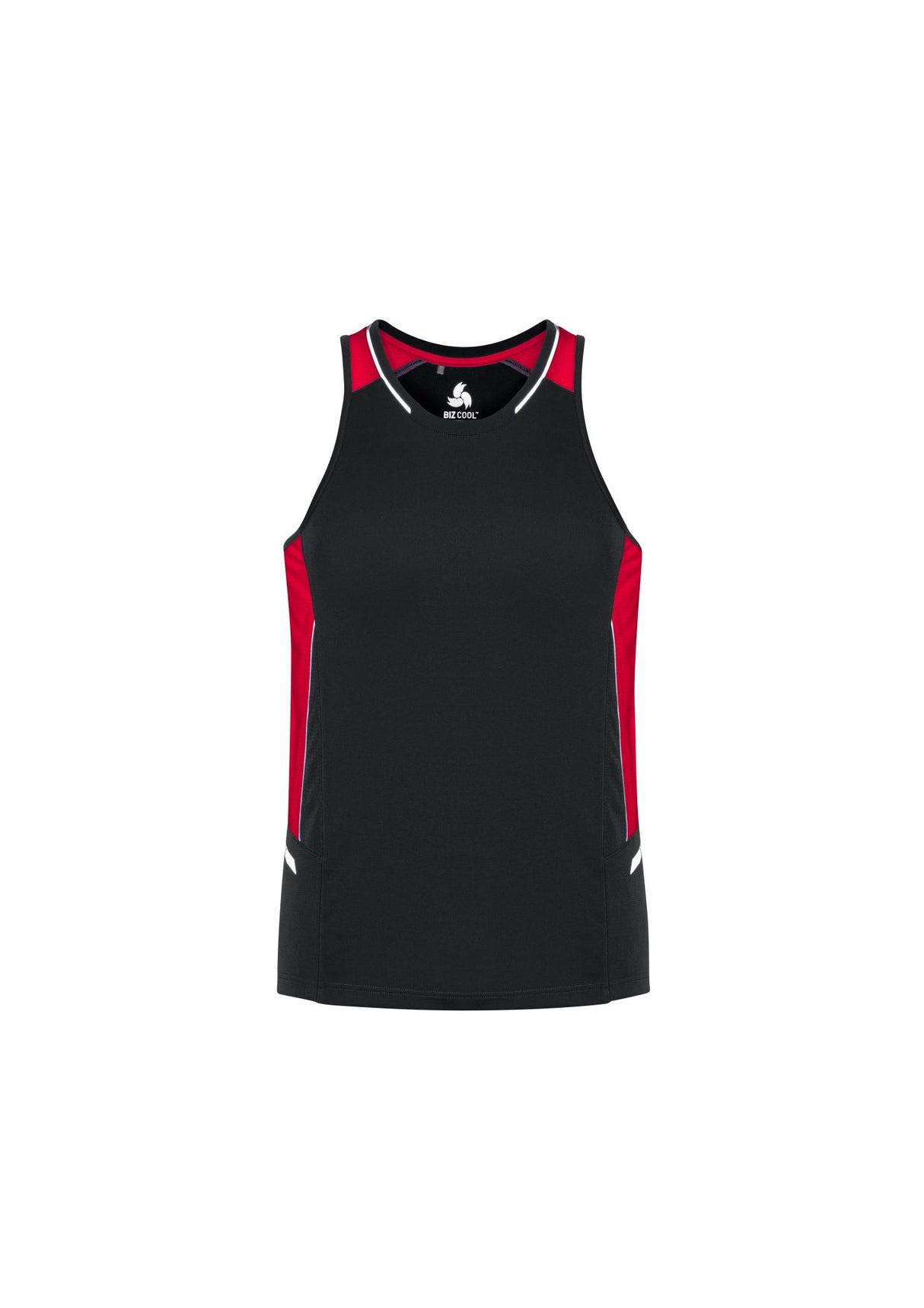 Mens Renegade Singlet in Black/Red/Silver, size XL, features lightweight fabric, reflective trims, and mesh panels for breathability.