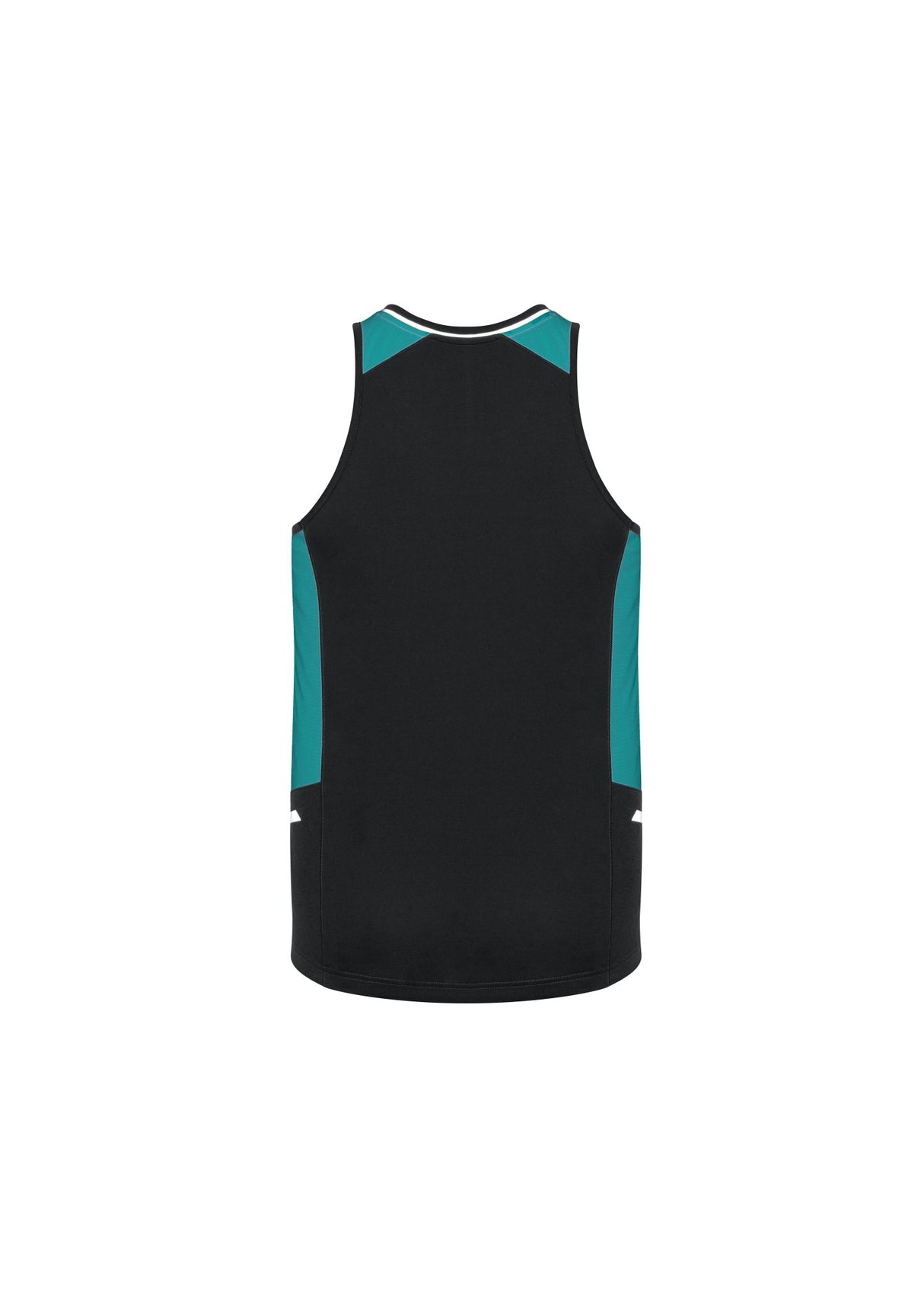 Mens Renegade Singlet in Black, Teal, and Silver, size L, features breathable fabric, reflective trims, and dynamic design for activewear.