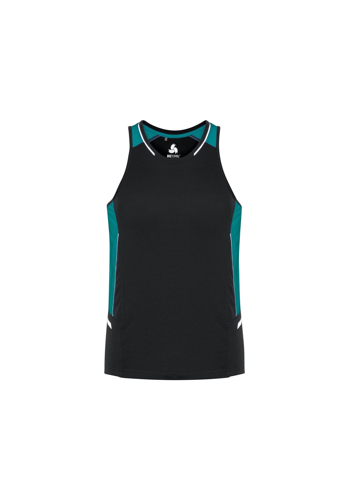 Men's Renegade Singlet in black, teal, and silver with moisture-wicking fabric and reflective trims for visibility in low light.