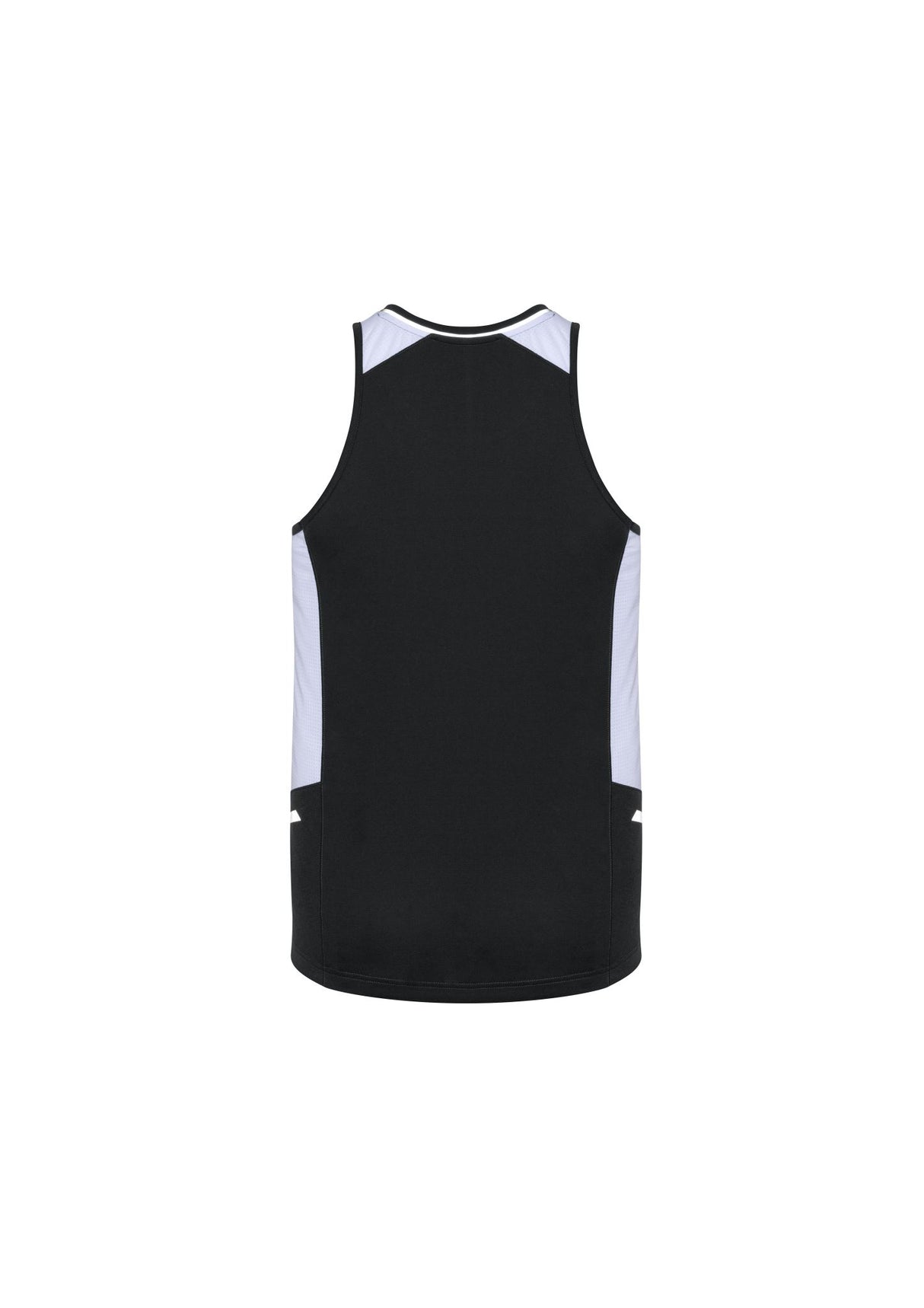 Men's Renegade Singlet in Black/White/Silver, lightweight with UPF protection, reflective trims, and mesh panels for breathability.