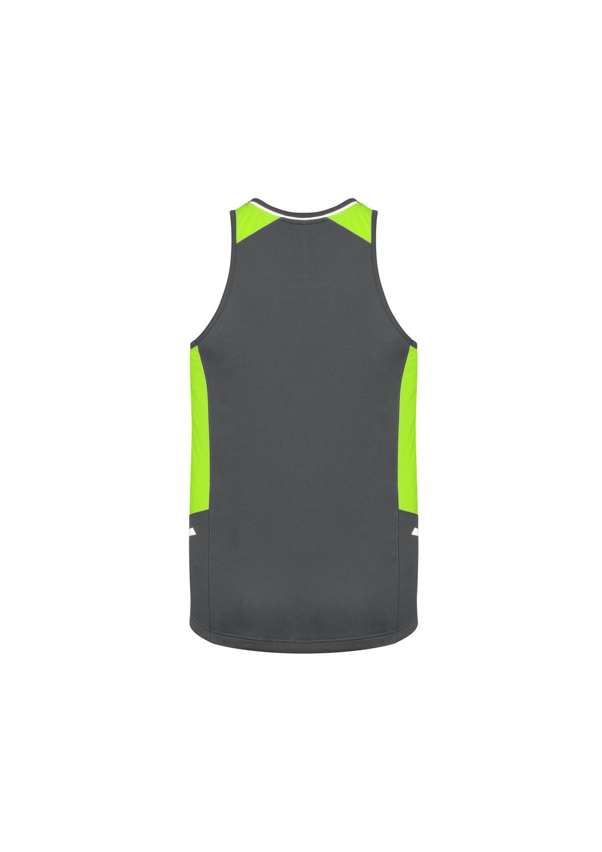 Men's grey singlet with fluoro lime accents, featuring reflective trims, mesh panels, and UPF protection in size XL.