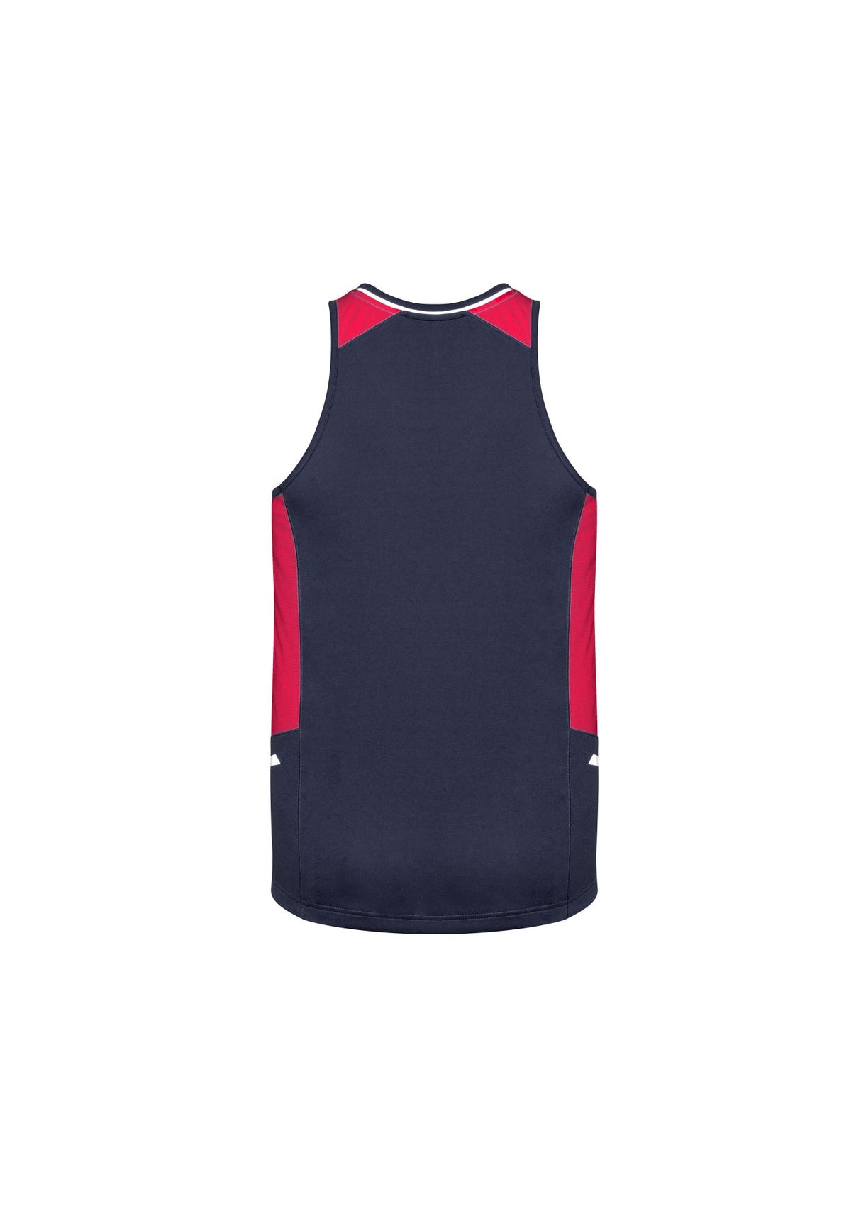 Men's Renegade Singlet in Navy/Red/Silver, highlighting breathable fabric, reflective trims, and mesh panels for airflow. Size XL.