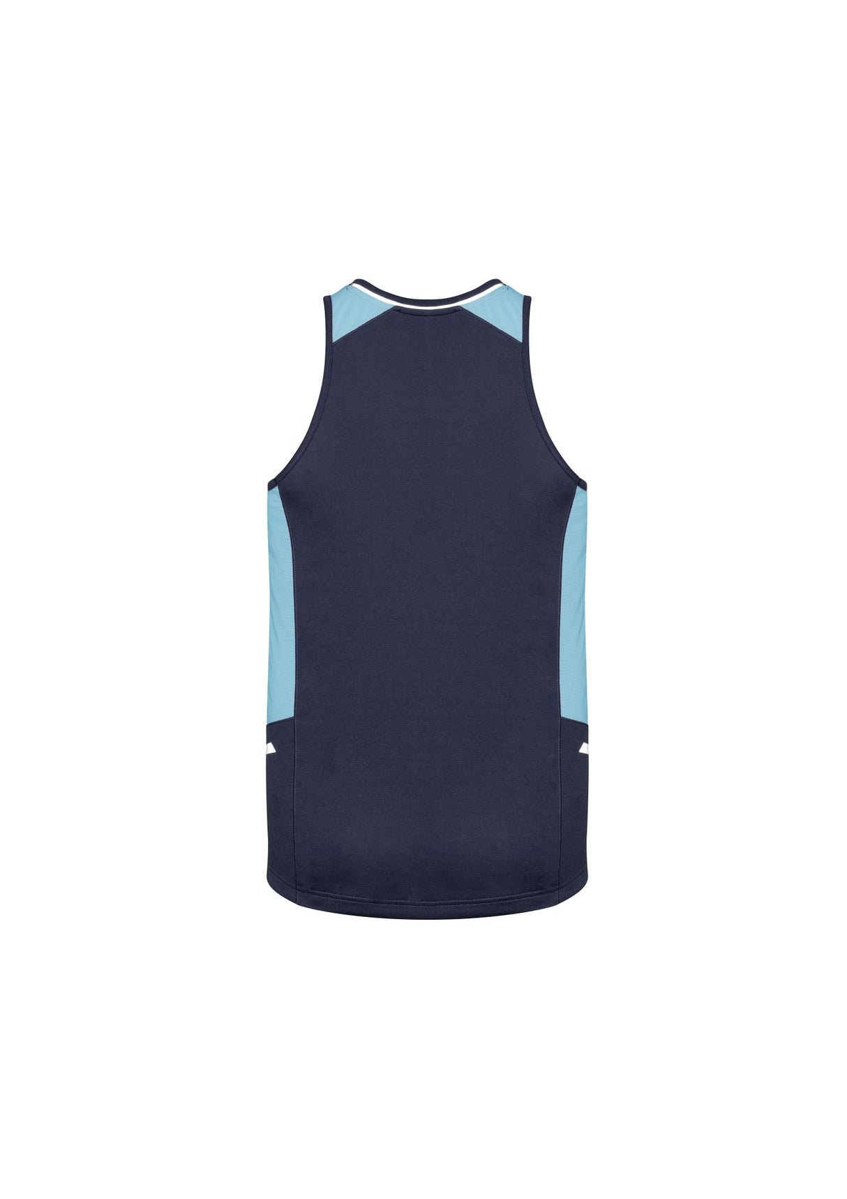 Men's Renegade Singlet in Navy/Sky/Silver, Size S, features breathable fabric, reflective trims, and mesh panels for comfort.