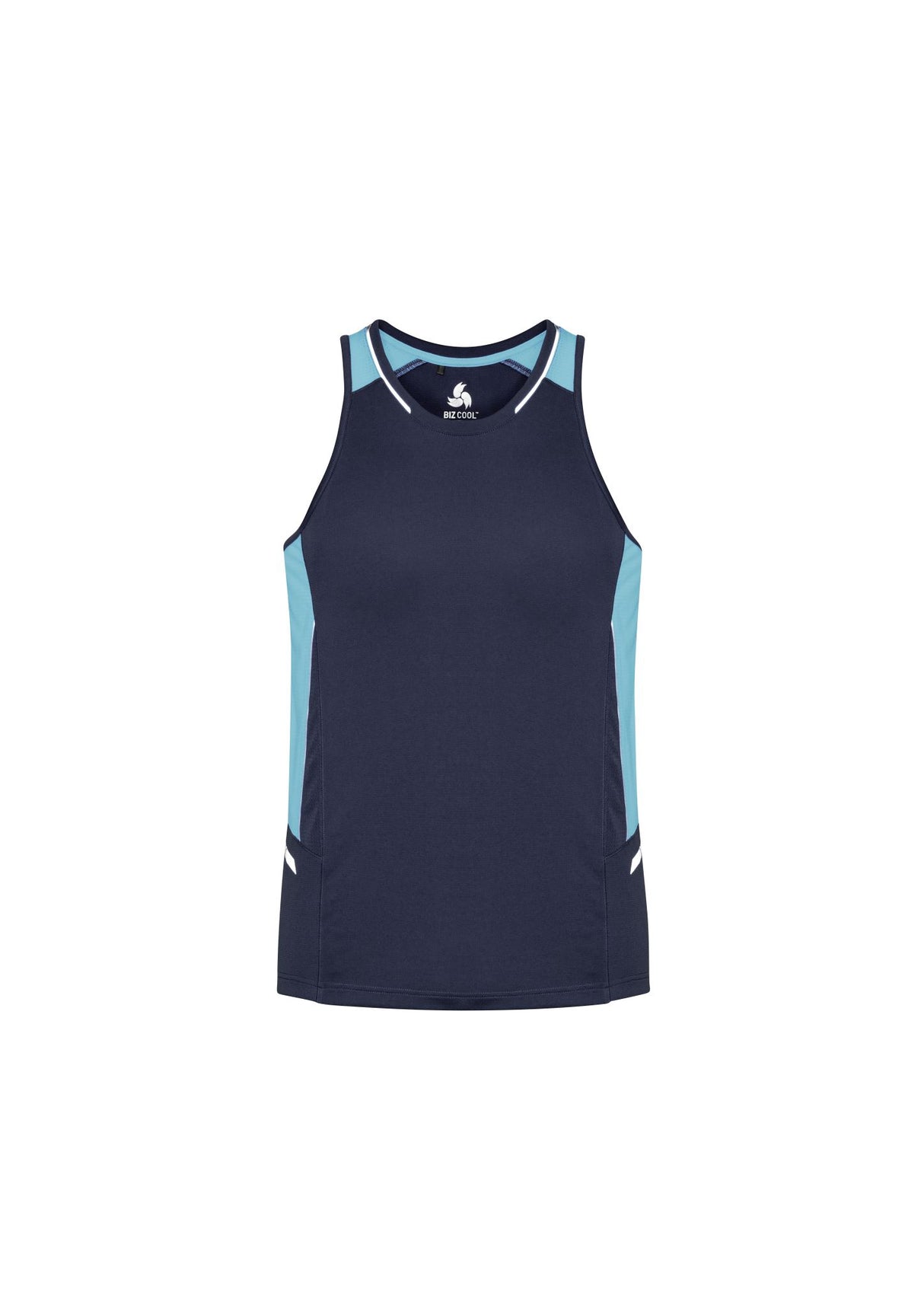 Mens Renegade Singlet in Navy/Sky/Silver, size 5XL, featuring breathable mesh panels and reflective trims for activewear style.
