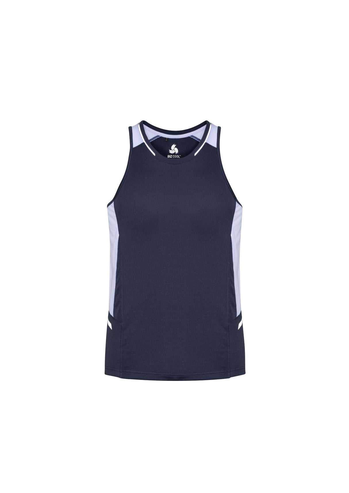 Men's Renegade Singlet in Navy/White/Silver, size 2XL, featuring moisture-wicking fabric and reflective trims for safety.