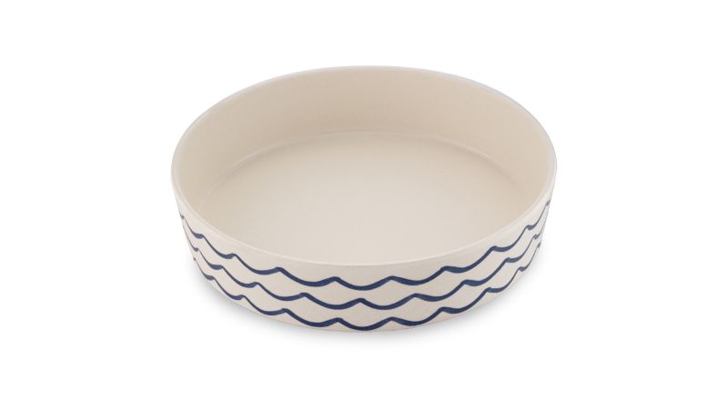 Eco-friendly Beco Bamboo Cat Bowl in Ocean Waves design with low rim, 0.2L capacity, BPA free and dishwasher safe.