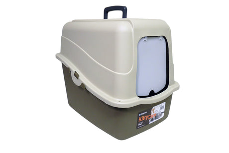 Hooded litter pan in Warm Gray, featuring a privacy door flap, spacious interior, and easy-to-clean design for cat hygiene.