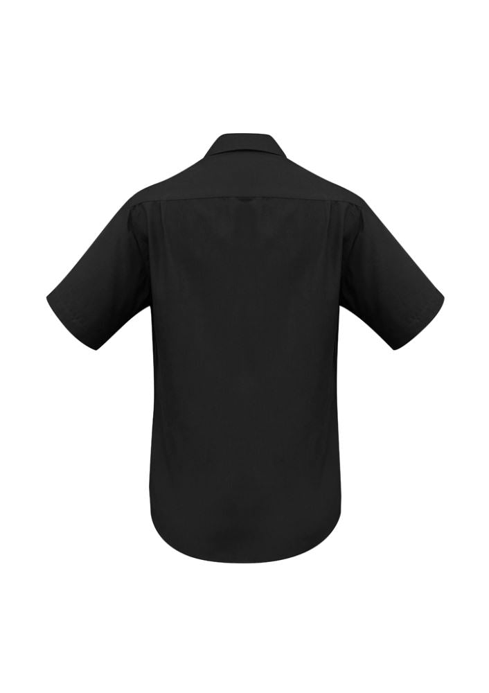 Men's black short sleeve shirt from Biz Collection, featuring breathable fabric, UPF protection, and a stylish curved hem.