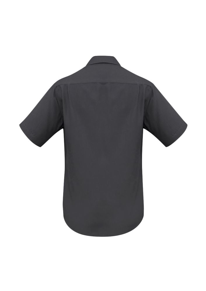 Men’s 2XL charcoal short sleeve shirt with chest pocket, curved hem, and breathable fabric for comfort and style.