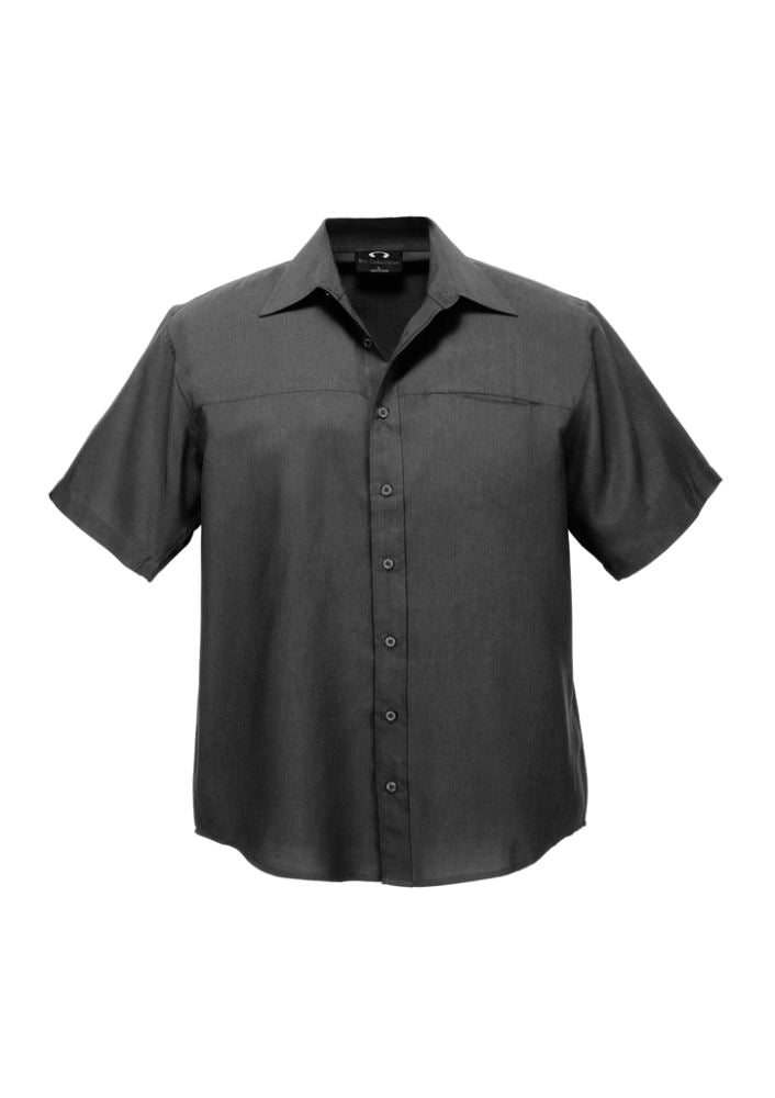 Men's charcoal short sleeve shirt in 5XL, crafted from breathable polyester with a standard collar and pen pocket.