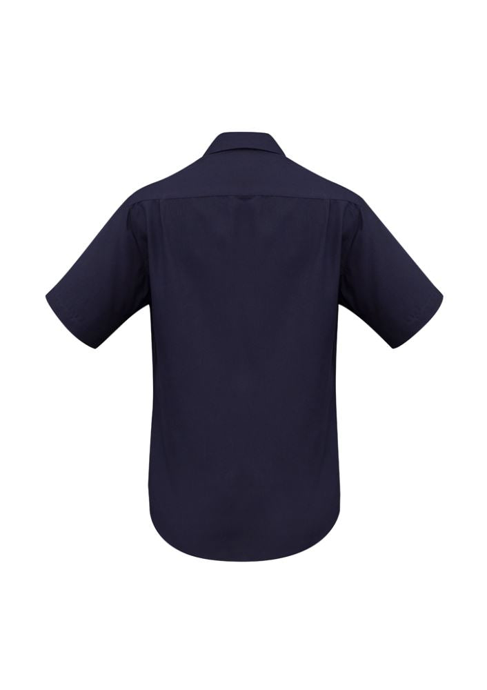 Navy short sleeve men's shirt in 3XL with breathable fabric, UPF protection, standard collar, and jet pocket.