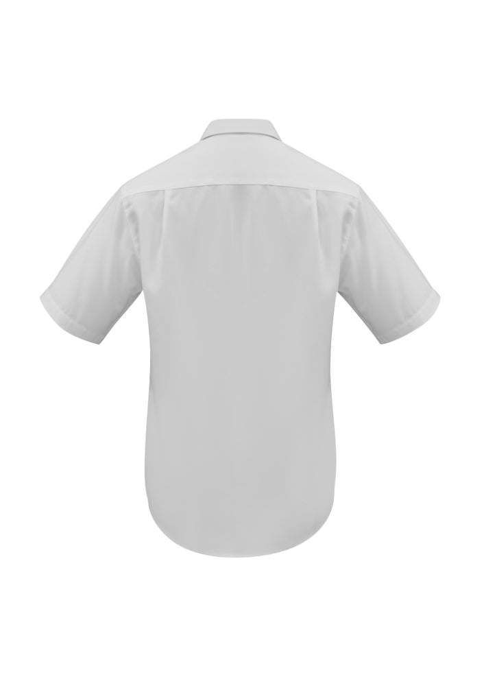 Men's White Short Sleeve Oasis Shirt from Biz Collection, featuring breathable polyester, chest pocket, and UPF sun protection.