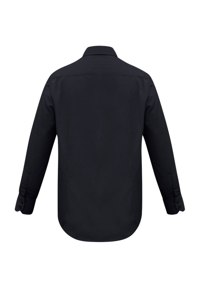 Men's black long sleeve shirt from Biz Collection, featuring a tapered fit, curved hem, UPF protection, and a left chest pocket.