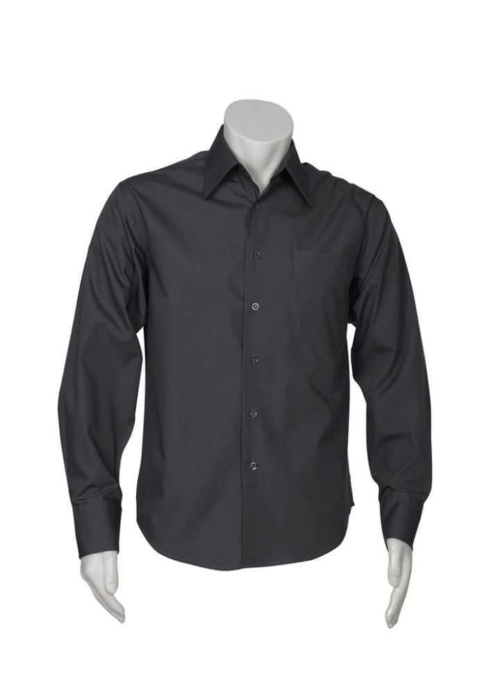 Men's Metro Long Sleeve Shirt in charcoal, 3XL, featuring tapered fit, curved hem, standard collar, and chest pocket.
