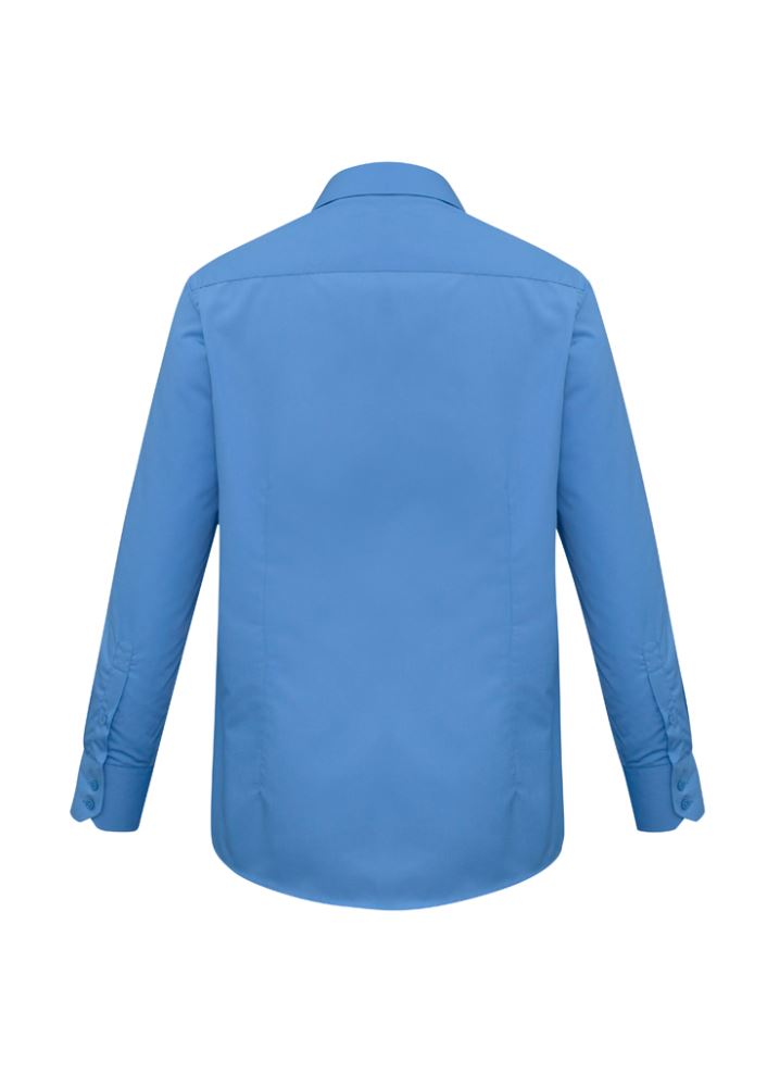 Mens Metro Long Sleeve Shirt in Mid Blue, Size S, featuring a tapered fit, curved hem, and durable cotton-polyester blend.