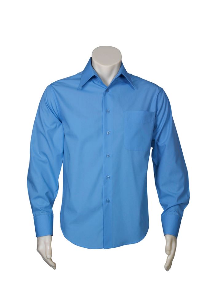 Men's Metro Long Sleeve Shirt in Mid Blue, size L, with tapered fit, standard collar, and left chest pocket for versatile style.