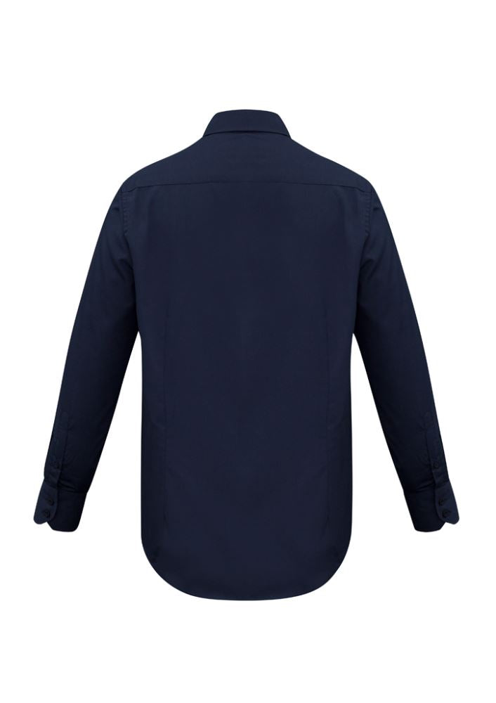 Navy long sleeve men's shirt in 4XL from Biz Collection, featuring a tapered fit, UPF protection, and left chest pocket.