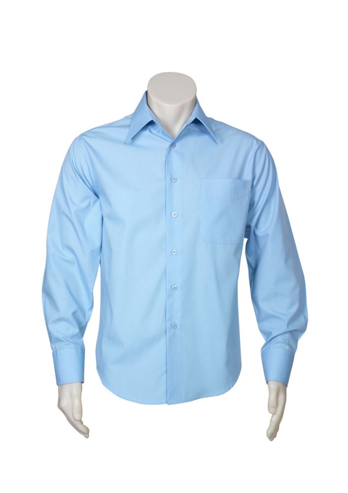 Men's Metro Long Sleeve Shirt in Sky, size 5XL, featuring tapered fit, UPF protection, and classic collar. Perfect for any occasion.