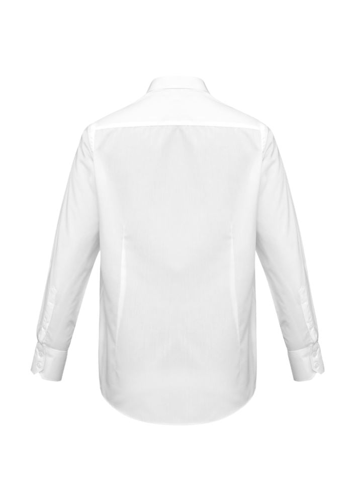 Men's white long sleeve shirt by Biz Collection, size S, featuring tapered fit, curved hem, and left chest pocket.