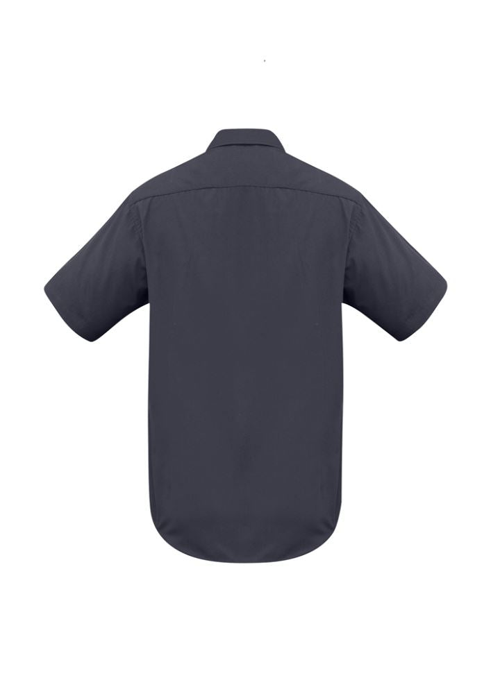 Men's charcoal short sleeve shirt with tapered fit, standard collar, and left chest pocket, perfect for casual and professional wear.