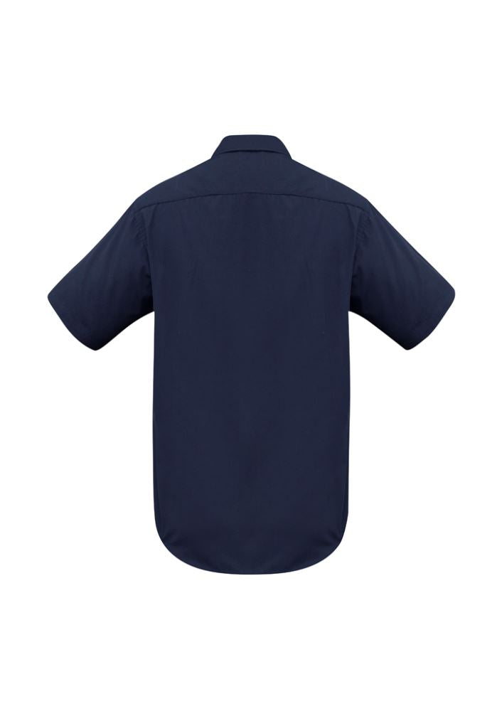 Men's Navy Metro Short Sleeve Shirt, size M, features a tapered fit, curved hem, and UPF-rated fabric for style and sun protection.