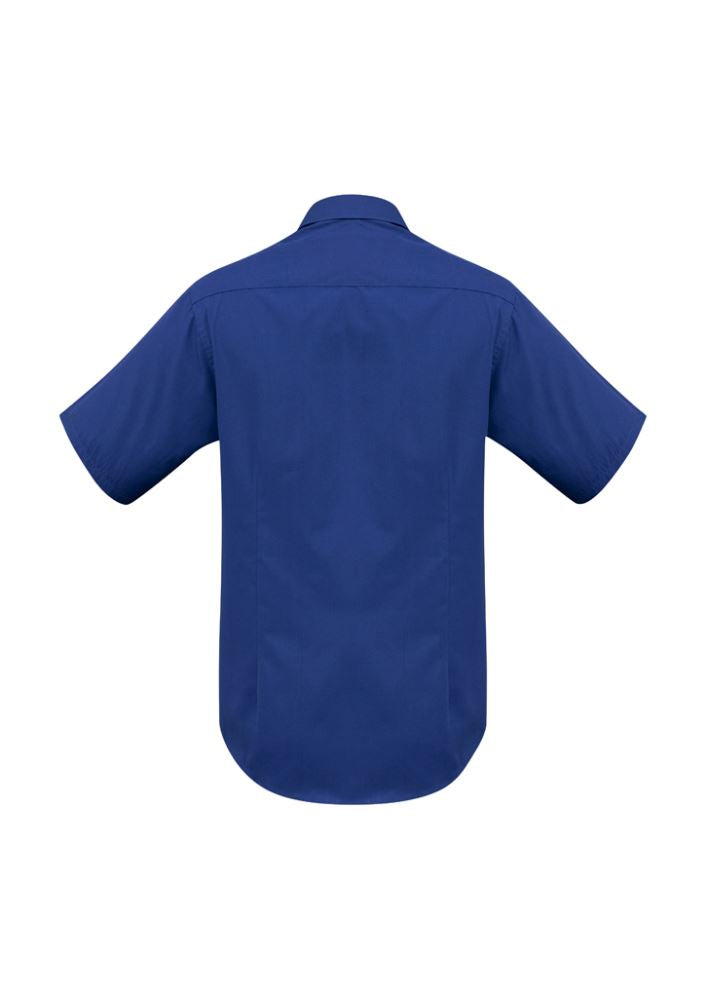 Men's Royal Blue Metro Short Sleeve Shirt, size 2XL, features a tapered fit, curved hem, and UPF protection for style and comfort.