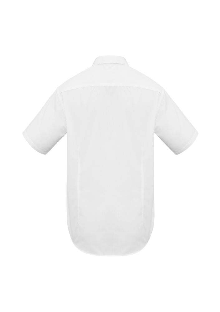 Men's white short sleeve shirt, size S, featuring a modern fit, UPF protection, and left chest pocket for versatile style.