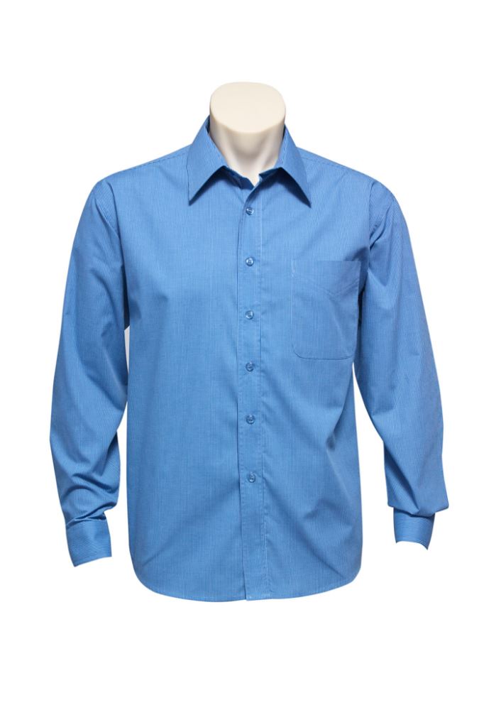Men's Mid Blue micro check long sleeve shirt with standard collar and chest pocket, perfect for office or formal wear.