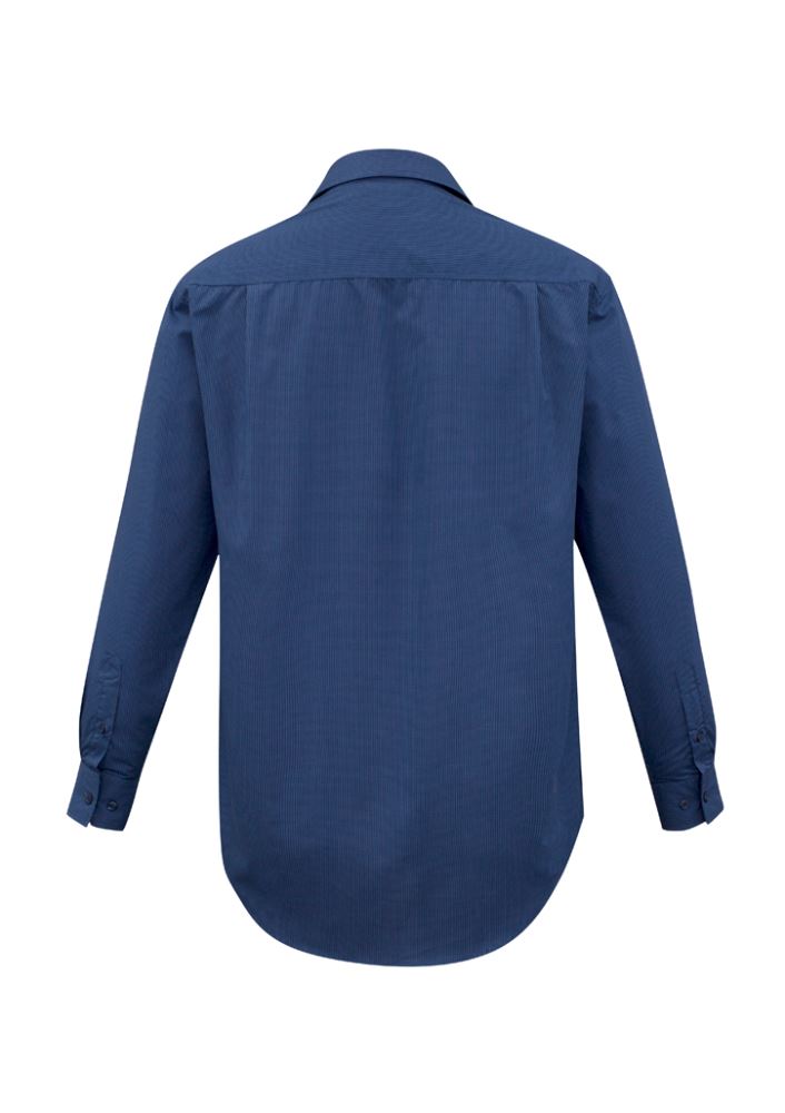Men's navy micro check long sleeve shirt in 2XL, featuring easy iron fabric, standard collar, and left chest pocket.
