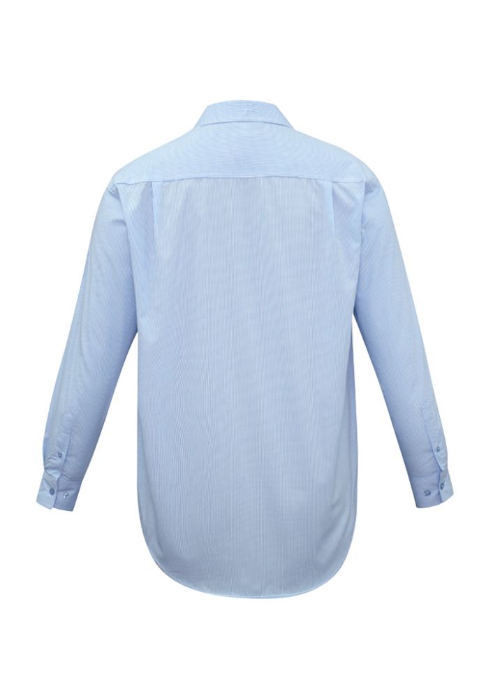 Men's micro check long sleeve shirt in sky blue, 4XL, features easy-iron fabric, standard collar, and left chest pocket.