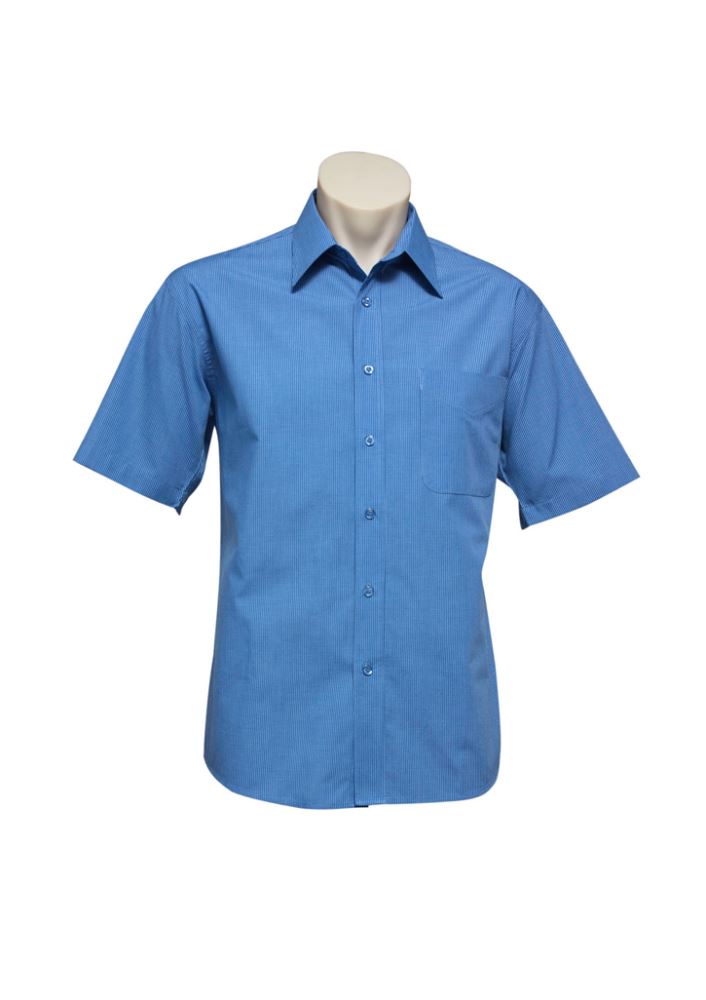 Men's mid blue micro check short sleeve shirt with standard collar, left pocket, and easy-care fabric from Biz Collection.