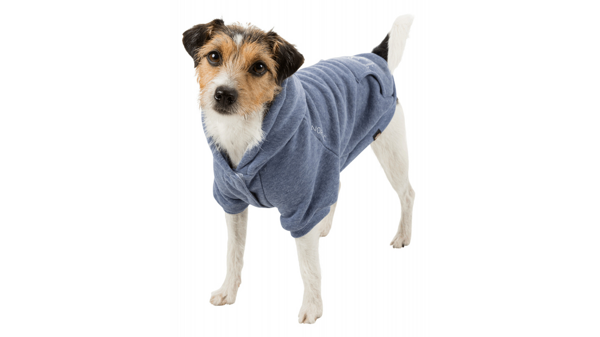 Blue BE NORDIC Dog Hoodie for medium to large dogs, featuring a cozy inner side, secure hood, and supports marine conservation.