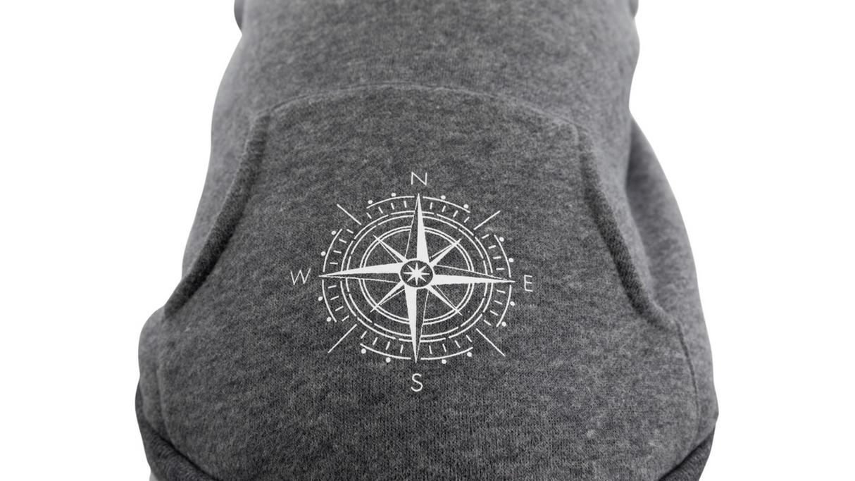 Cozy grey dog hoodie with hood, hook and loop fastener, ideal for chilly days and supporting environmental conservation.
