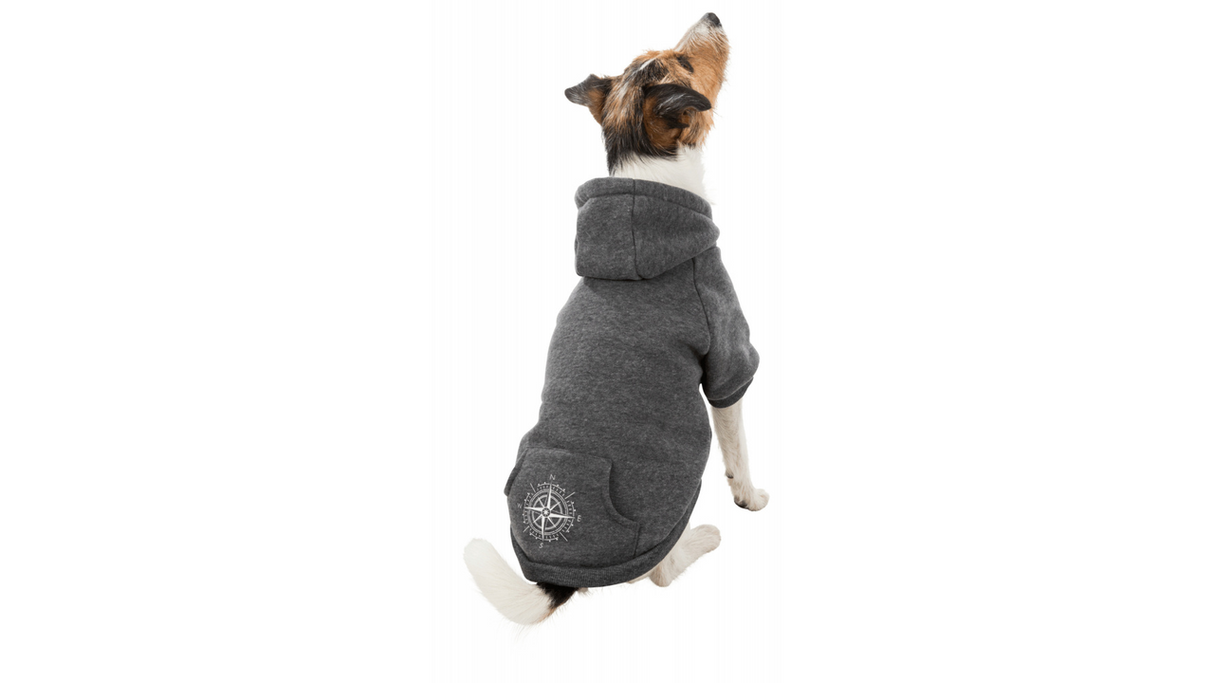 Grey BE NORDIC Dog Hoodie, size L, cozy design with hood, perfect for medium to large breeds during chilly weather.