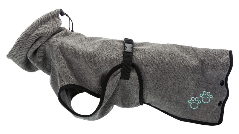 Grey XS bathrobe for small dogs, perfect for post-bath warmth, made from soft, absorbent fabric for comfort.
