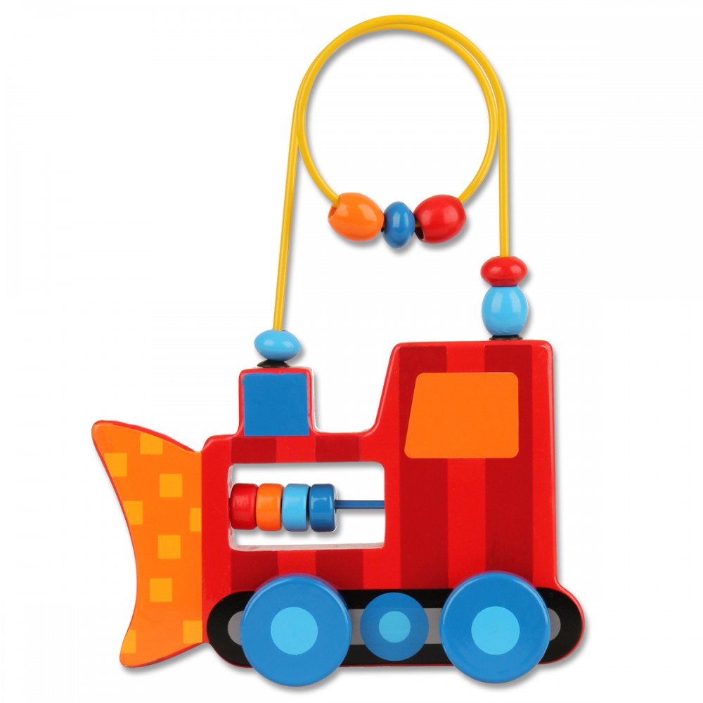 Vibrant construction-themed rolling wire and bead toy for kids, enhancing fine motor skills and imaginative play.
