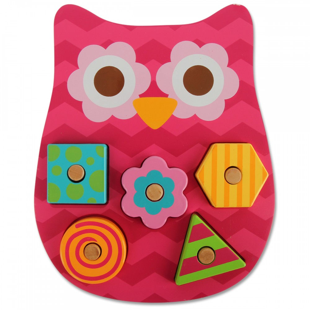 Colorful wooden owl peg puzzle for toddlers, designed to enhance shape recognition and fine motor skills.