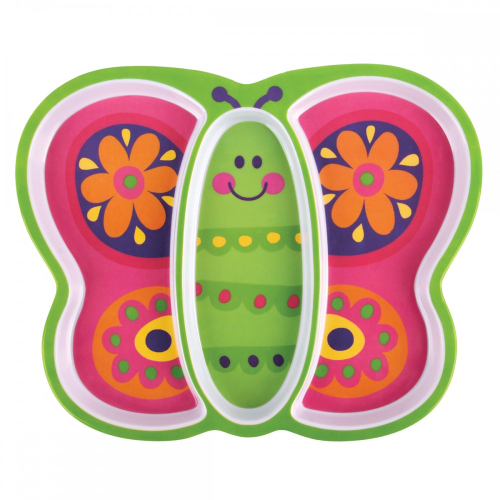 Colorful butterfly-themed melamine tray with three sections, perfect for picky eaters and easy mealtime enjoyment.
