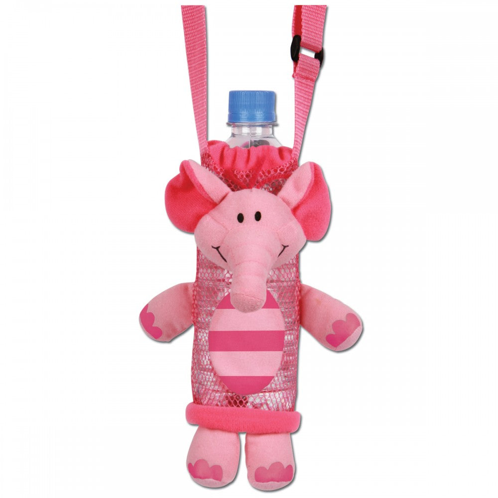 Elephant-shaped bottle holder with adjustable straps for kids, made of nylon mesh and soft fabric, ideal for on-the-go hydration.