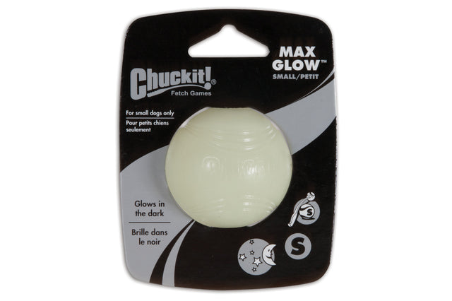 Medium Chuckit Max Glow Ball for dogs, glow-in-the-dark fetch toy, safe, durable, and fast-charging for night play.