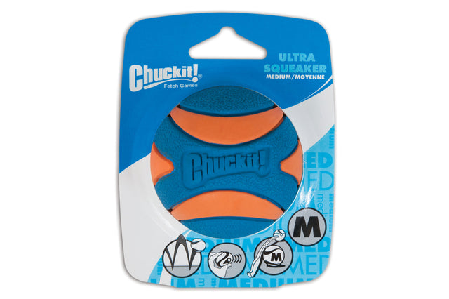 Medium Chuckit! Ultra Squeaker Ball, made of durable rubber, floats on water and is perfect for dynamic fetch and play.
