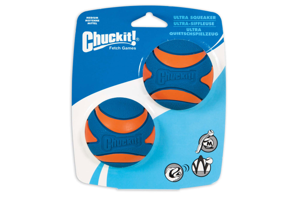 Colorful, durable squeaker balls for dogs, designed for fetch, high bounce, and buoyancy in water; set of 2 medium balls.