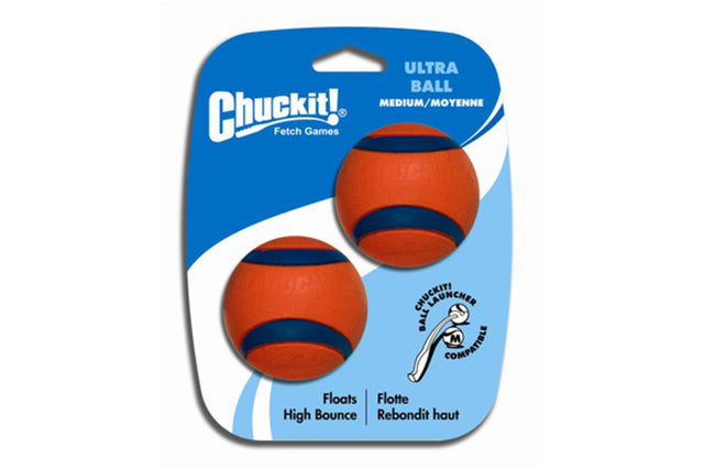Medium Chuckit! Ultra Ball for dogs, designed for fetch with high bounce, buoyancy, and bright colors for visibility.